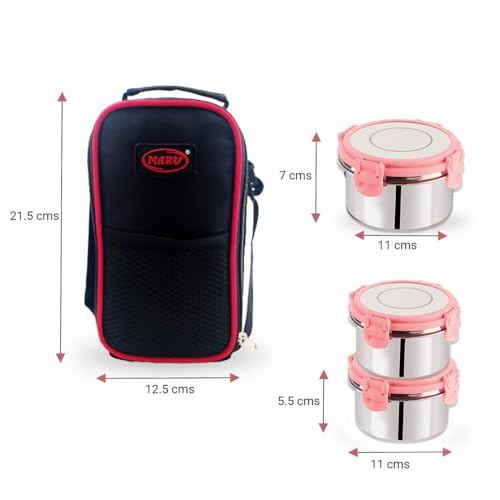 MARU Stainless Steel Lunch Box Set of 3 (250ml*2 + 350ml) Leakproof Tiffin with Insulated Bag for Kids & Adults, Perfect for School & Office Use. Muti-Containers compartments for Foods & Snacks - Image 2