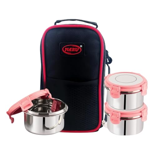MARU Stainless Steel Lunch Box Set of 3 (250ml*2 + 350ml) Leakproof Tiffin with Insulated Bag for Kids & Adults, Perfect for School & Office Use. Muti-Containers compartments for Foods & Snacks - Image 1