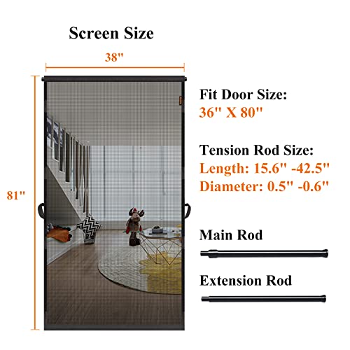 MAGZO باب شاشة معلق MAGZO، يناسب حجم الباب 36" x 80" (حجم الستارة 38'' x 81''), شبكة ألياف زجاجية مطورة مع قضيب توتر وخطاف وحلقة (قطعة واحدة يمكن تركيبها بطريقتين)، أسفل مثقل، رمادي - Image 3