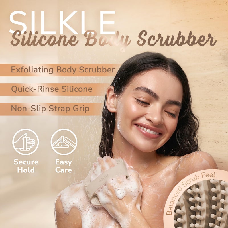 SILKLE Silicone Body Scrubber â€“ Gentle Exfoliating Shower Scrubber for Body & Bath, Silicone Shower Brush & Loofah Alternative â€“ Non-Slip Silicone Body Brush, Quick Dry, Hygienic - Clay - Image 2