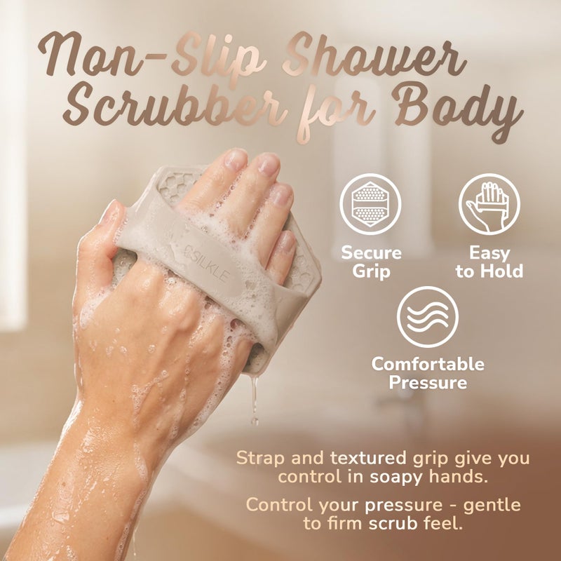 SILKLE Silicone Body Scrubber â€“ Gentle Exfoliating Shower Scrubber for Body & Bath, Silicone Shower Brush & Loofah Alternative â€“ Non-Slip Silicone Body Brush, Quick Dry, Hygienic - Clay - Image 4