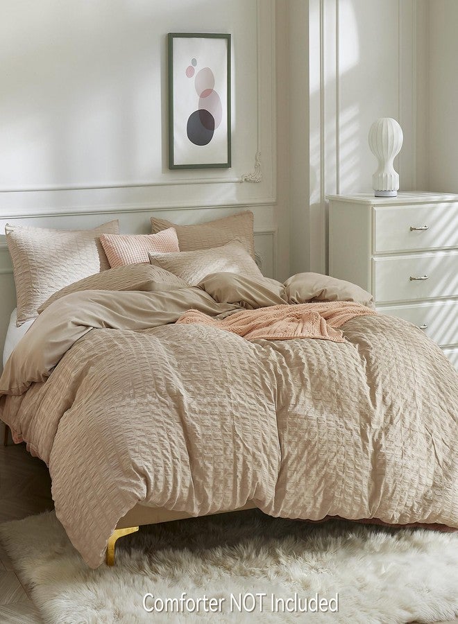JELLYMONI Khaki Duvet Cover Queen Size, 3pcs Washed Microfiber Bedding Set, Soft Breathable Seersucker Duvet Cover Set with Zipper Closure and Corner Ties for All Seasons - Image 3