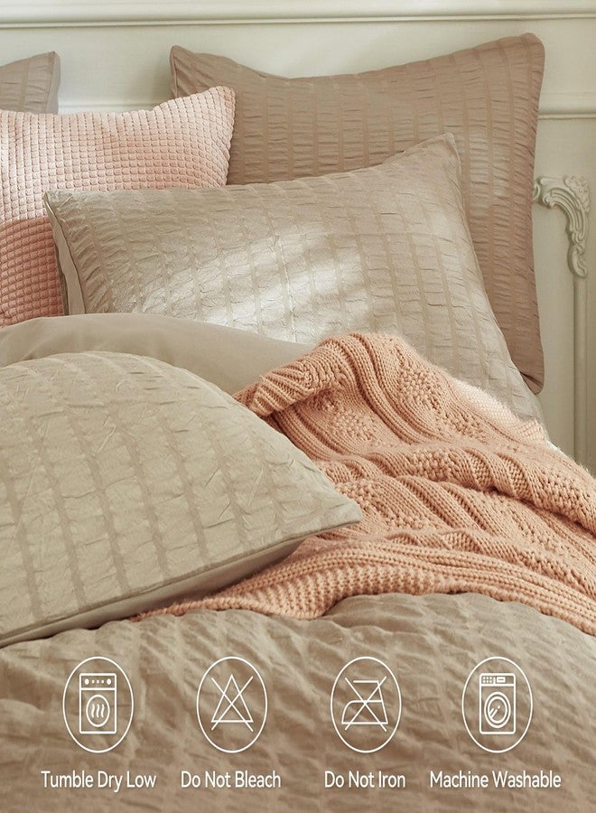 JELLYMONI Khaki Duvet Cover Queen Size, 3pcs Washed Microfiber Bedding Set, Soft Breathable Seersucker Duvet Cover Set with Zipper Closure and Corner Ties for All Seasons - Image 4