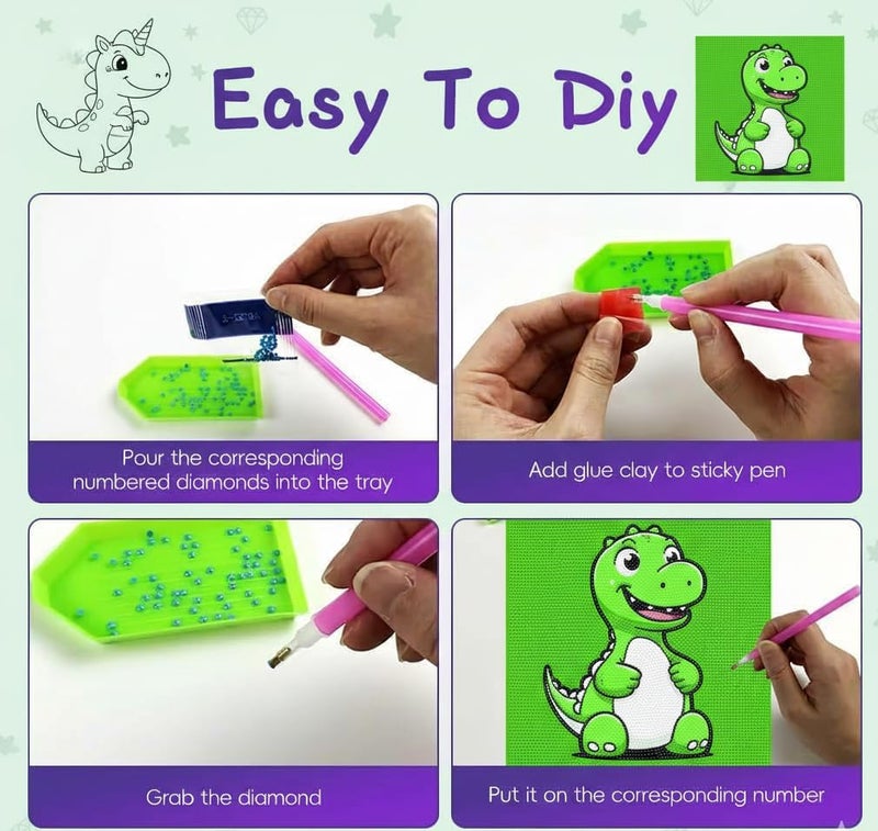 BLiSS HUES 5D Unicorn Diamond Painting Kits for Kids with Wooden Frame Cute Animal Art and Crafts for Kids Ages (6-12) Diamond Painting Frame (Happy Dino) - Image 5