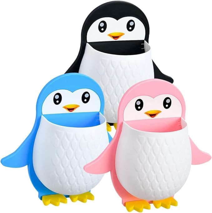 Black Feather Toothbrush Holder, Plastic Wall Mounted Penguin Shape Storage Organizer for Bathroom with Self Adhesive Stick Multipurpose Wall Shelves - (1 Qty - Multicolor) (1) - Image 1