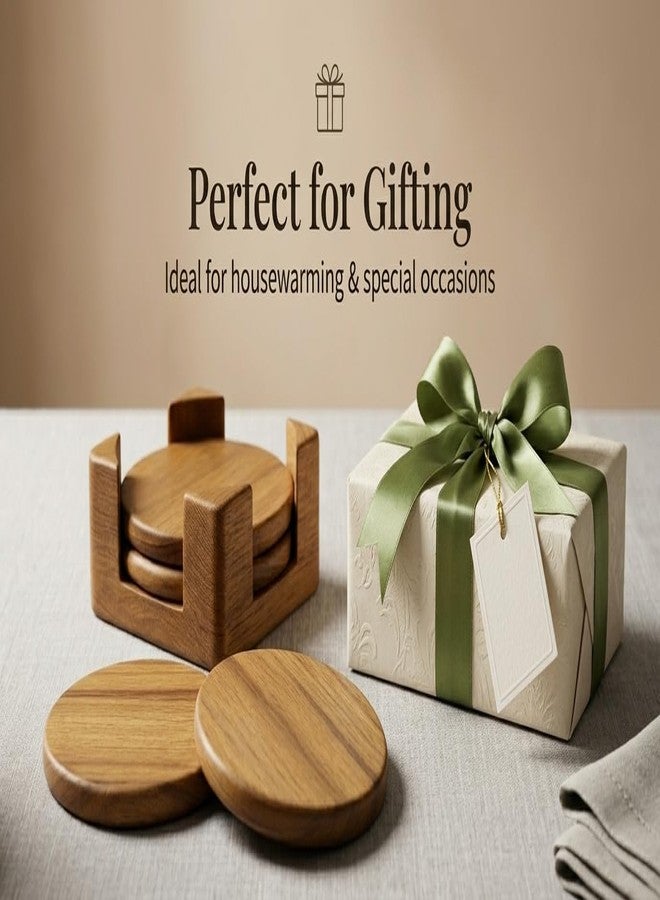 Furn Yard Handcrafted Premium Teak Wooden Coasters – Set of 4 with Holder, Eco-Friendly Drink Coasters for Home and Office - Image 3