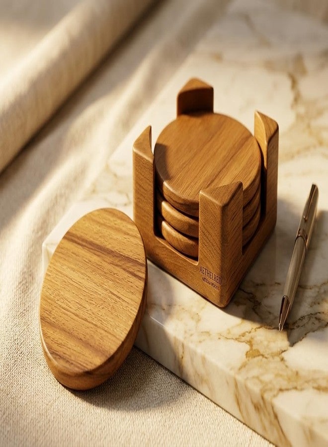 Furn Yard Handcrafted Premium Teak Wooden Coasters – Set of 4 with Holder, Eco-Friendly Drink Coasters for Home and Office - Image 1
