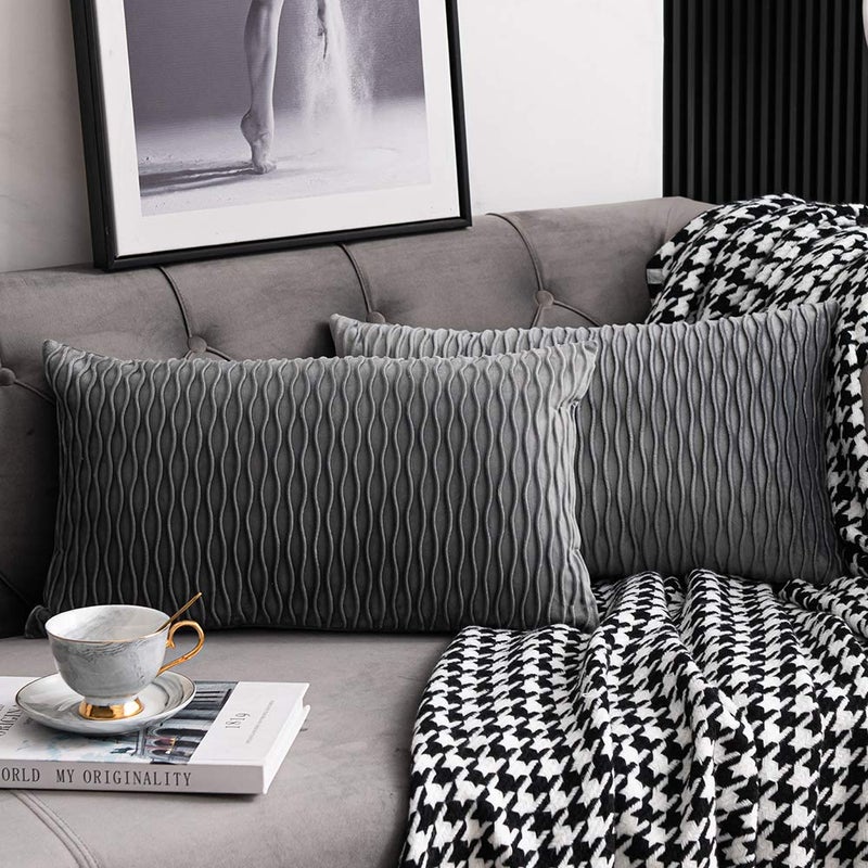 DEZENE Grey Striped Decorative Pillow Cases 2 Pack 12x20 Inch Original Velvet Rectangular Throw Pillow Covers for Farmhouse Couch