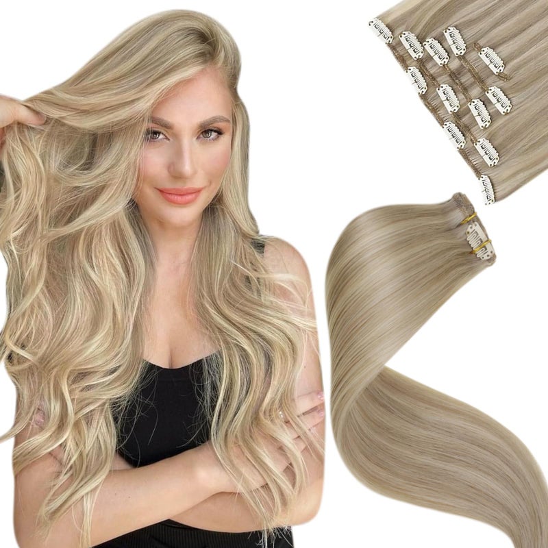 LaaVoo Clip in Hair Extensions Blonde Highlights Light Blonde Human Hair Clip in Extensions Golden Blonde Highlights Hair Extension Clip ins Double Weft 14 Inch 5pcs 80g