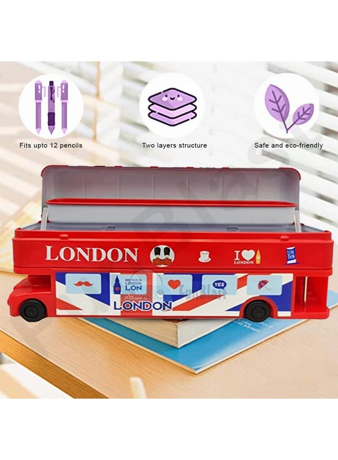 FunBlast Cartoon Bus Toy Metal Pencil Box with Moving Tyres & Sharpener for Kids Bus Geometry Box (London Bus Red) - Image 5