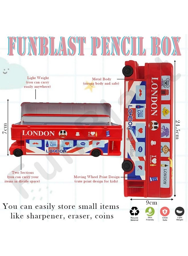 FunBlast Cartoon Bus Toy Metal Pencil Box with Moving Tyres & Sharpener for Kids Bus Geometry Box (London Bus Red) - Image 2