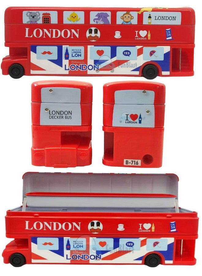 FunBlast Cartoon Bus Toy Metal Pencil Box with Moving Tyres & Sharpener for Kids Bus Geometry Box (London Bus Red) - Image 1