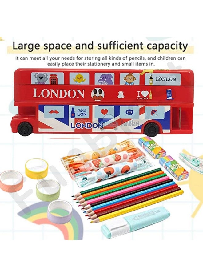 FunBlast Cartoon Bus Toy Metal Pencil Box with Moving Tyres & Sharpener for Kids Bus Geometry Box (London Bus Red) - Image 3