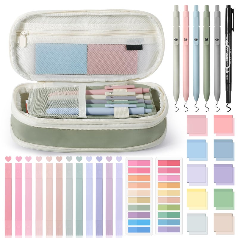 KOUDGY 49Pcs Book Annotation Kit - Aesthetic Pencil Case Bag with Highlighters Gel Pens and Marker, 900 Sheets Transparent Index Tabs Sticky Notes Bible Study Supplies (Green) - Image 1