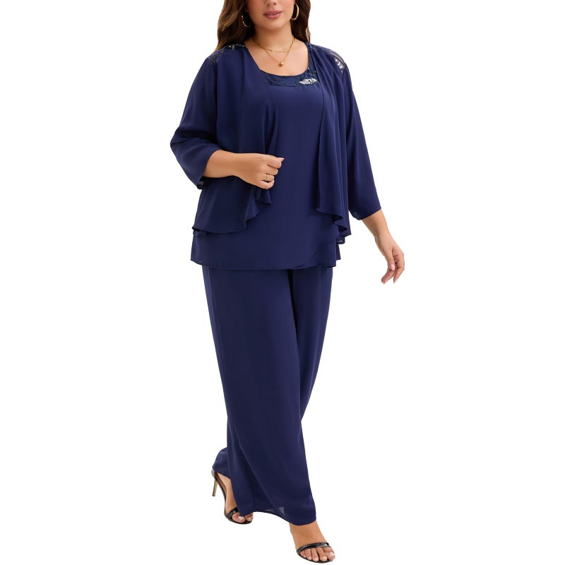 WTJIAPAI Plus Size Mother of Bride 3 Piece Chiffon Pantsuit Embroidered Lace Sequins Wedding Guest Formal Evening Attire - Image 3