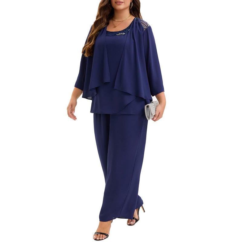 WTJIAPAI Plus Size Mother of Bride 3 Piece Chiffon Pantsuit Embroidered Lace Sequins Wedding Guest Formal Evening Attire - Image 4