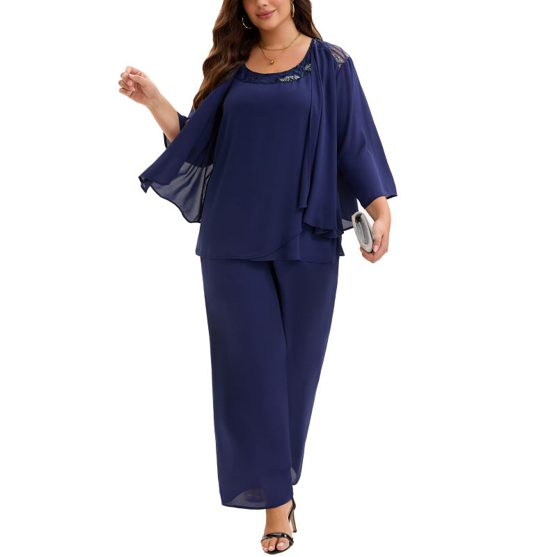 WTJIAPAI Plus Size Mother of Bride 3 Piece Chiffon Pantsuit Embroidered Lace Sequins Wedding Guest Formal Evening Attire - Image 1