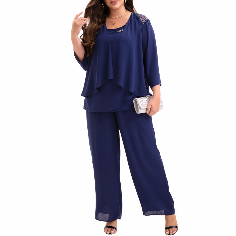 WTJIAPAI Plus Size Mother of Bride 3 Piece Chiffon Pantsuit Embroidered Lace Sequins Wedding Guest Formal Evening Attire - Image 5