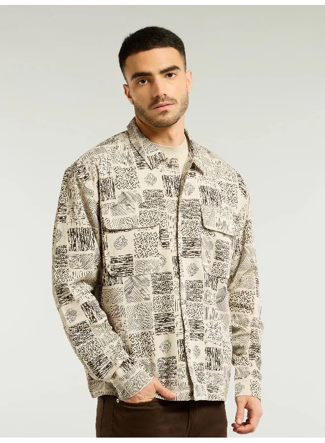 Beyoung Brown and Beige Cotton Print Shacket