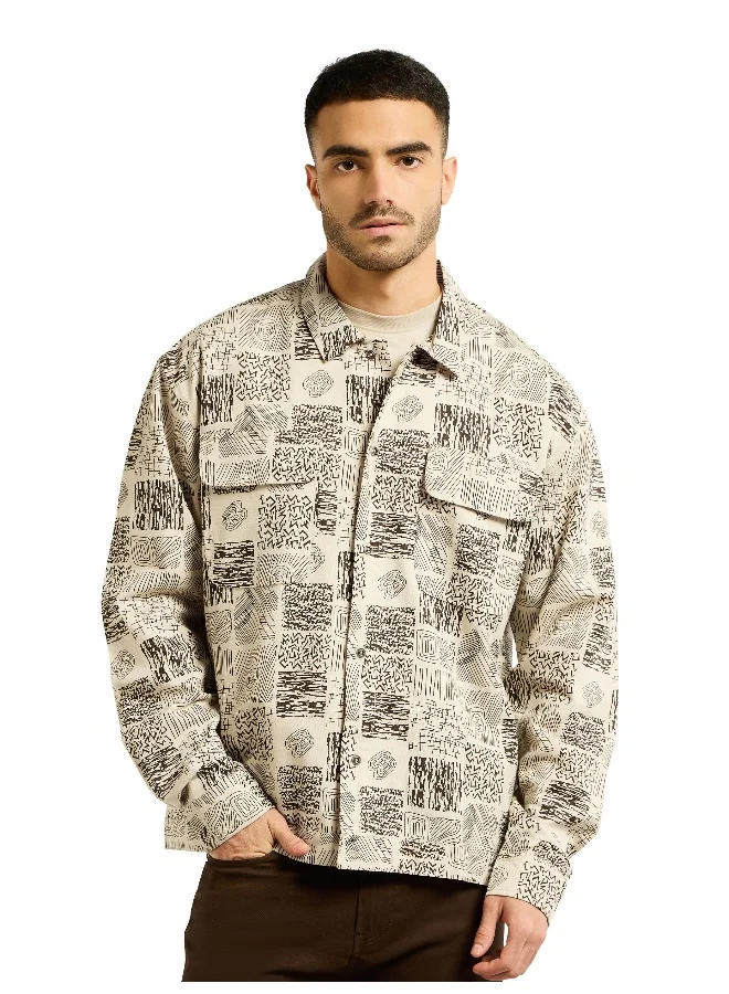 Beyoung Brown and Beige Cotton Print Shacket