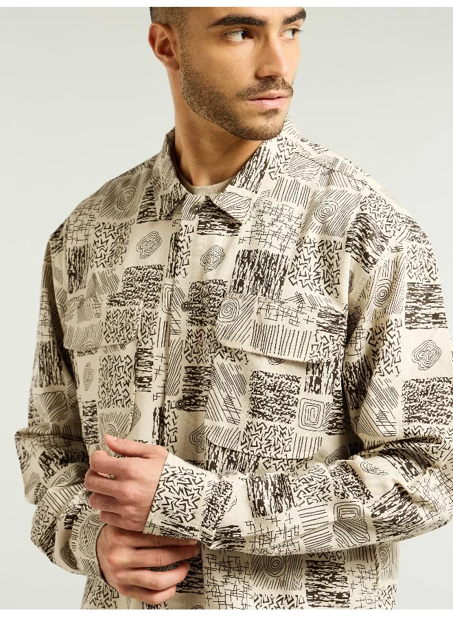 Beyoung Brown and Beige Cotton Print Shacket
