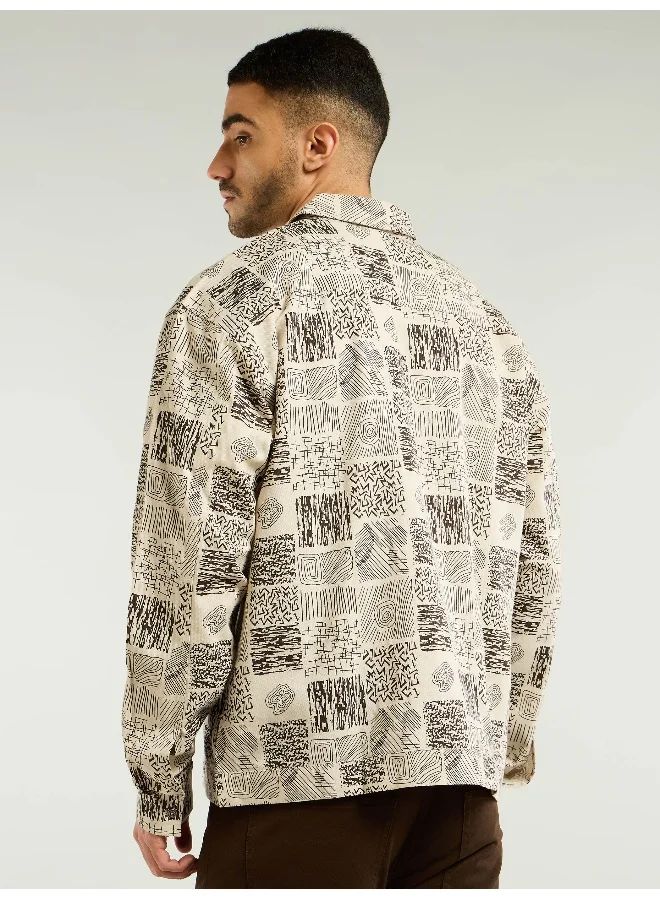 Beyoung Brown and Beige Cotton Print Shacket