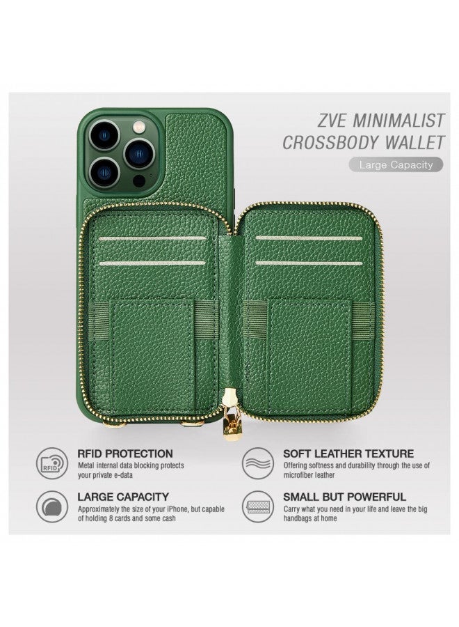 ZVE for iPhone 13 Pro Max Wallet Case Crossbody, Zipper Phone Case with RFID Blocking Card Holder Wrist Strap Purse Leather Cover for Women for iPhone 13 Pro Max (6.7 inch)- Dark Green 01 - Image 2