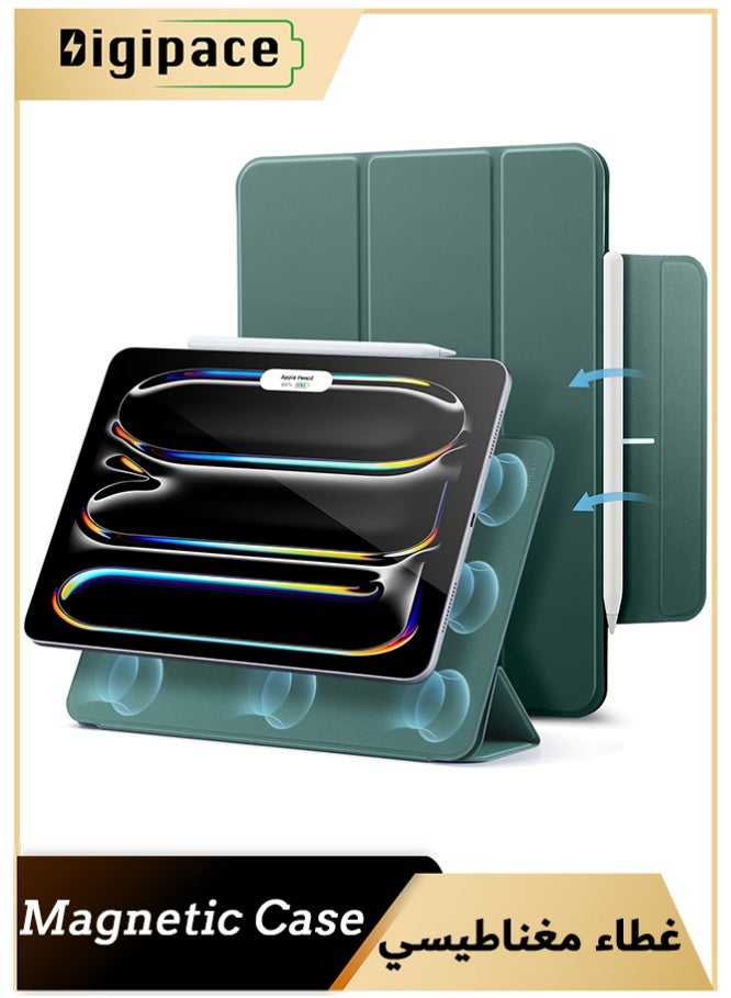 Digipace iPad Pro 11 Inch Case 2024/2025 (M4/M5), Strong Magnetic 2.0 with Safety Snap Closure, Smart Auto Sleep/Wake, Slim PU Leather Folio Cover with Pencil Holder, Dark Green - Image 1