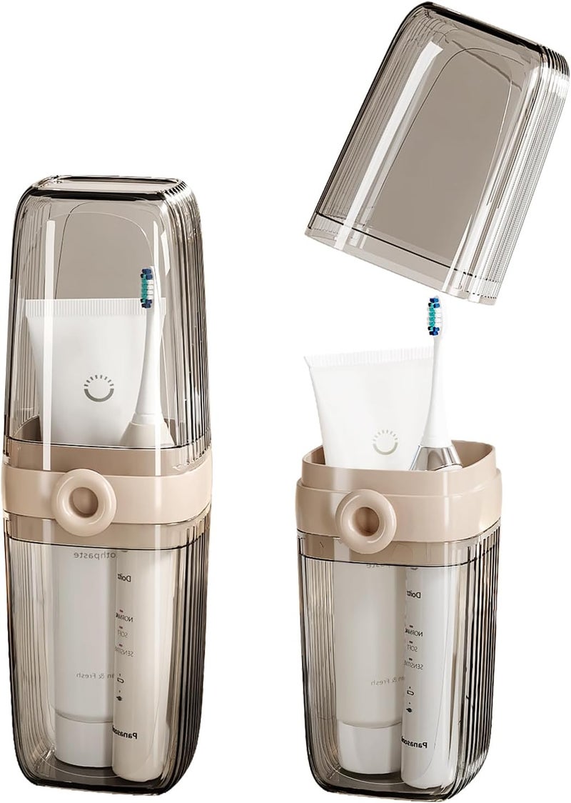 SHOTAY Toothbrush Travel Case, 2 in 1 Toothbrush Holder and Rinse Cup, Large Capacity Toothbrush Cup with Cover, Portable Travel Toothbrush Holder for Traveling, Camping, Trip - Beige&Clear - 1pcs - Image 1