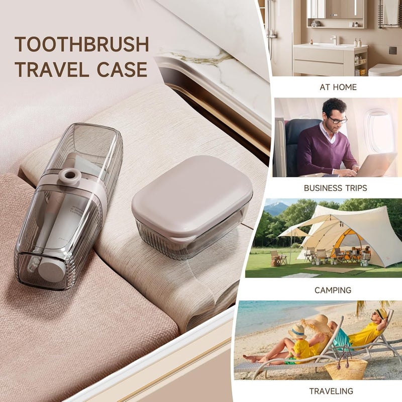 SHOTAY Toothbrush Travel Case, 2 in 1 Toothbrush Holder and Rinse Cup, Large Capacity Toothbrush Cup with Cover, Portable Travel Toothbrush Holder for Traveling, Camping, Trip - Beige&Clear - 1pcs - Image 4