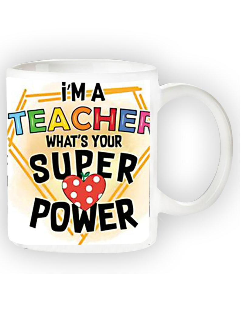 حكاية شمعة مج من السيراميك بطبعة تصميم "هدية للمعلم" بلون أبيض - Image 1