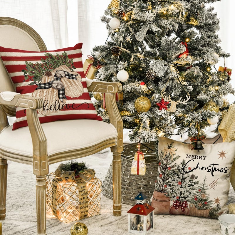 AVOIN colorlife AVOIN colorlife Merry Christmas Balls Eucalyptus Holly Berries Gloves Throw Pillow Covers  20 x 20 Inch Xmas Winter Holiday Red Stripes Cushion Case Decoration for Sofa Couch Set of 4  - Image 3