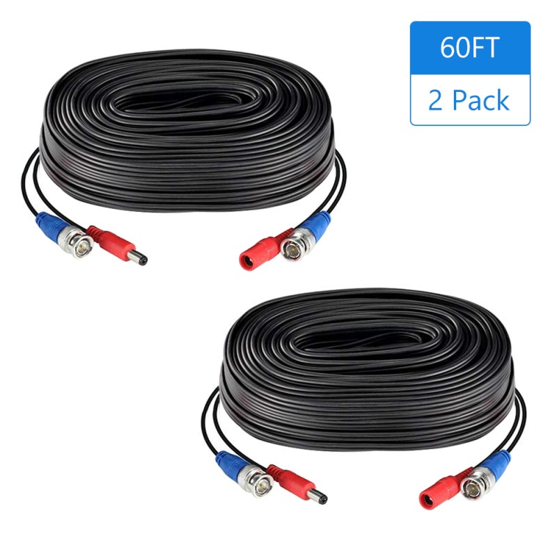 2Pack Black 60ft /18.3m 2-in-1 Video Power CCTV Cable BNC Extend Cord for Home Security Surveillance Cameras DVR System - Image 2