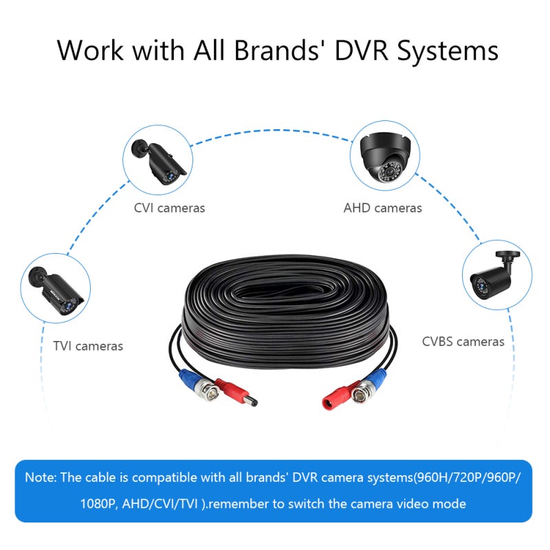 2Pack Black 60ft /18.3m 2-in-1 Video Power CCTV Cable BNC Extend Cord for Home Security Surveillance Cameras DVR System - Image 3