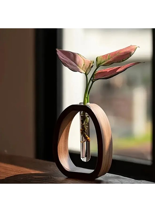 Walnut Wood Vase With Glass Tube Modern Minimalist Home Hotel Decor Gift - Image 1