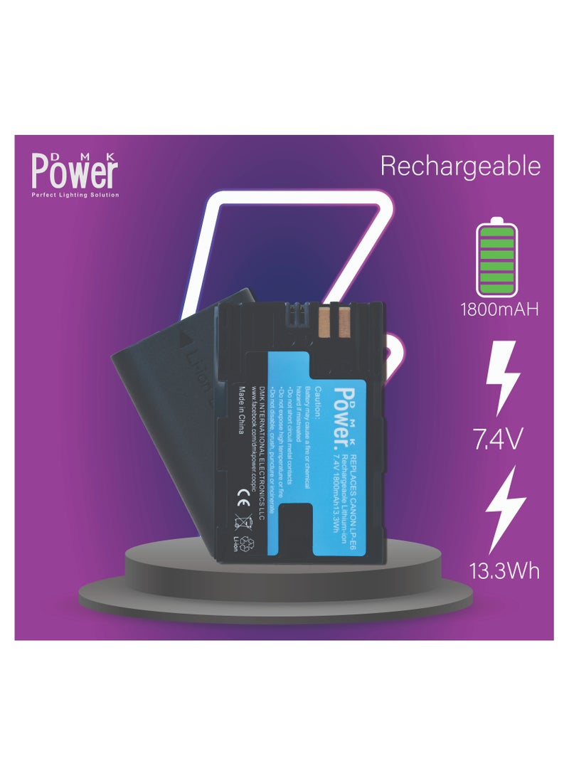 DMK Power LP-E6 LP-E6N Battery 1800mAh & Single Slot USB Battery Charger Compatible with Canon EOS R 60D 70D 80D 5D II 5D III 5D IV 5Ds 6D 6D Mark II 7D 7D Mark II C700 XC10 XC15 Cameras - Image 2