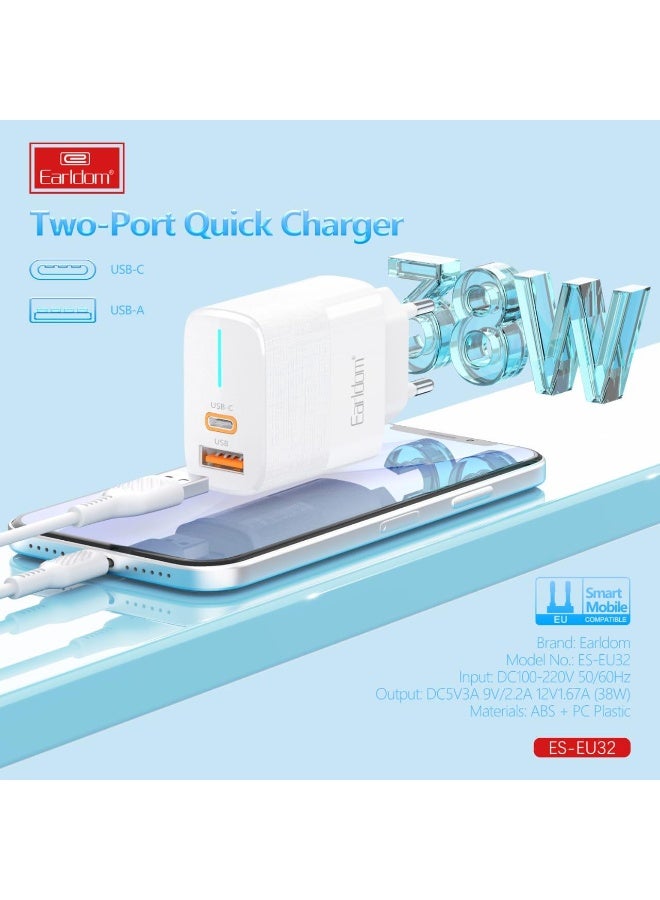 Earldom Wall Charger EU32 - 38W Dual-Port USB-A & USB-C - Image 3