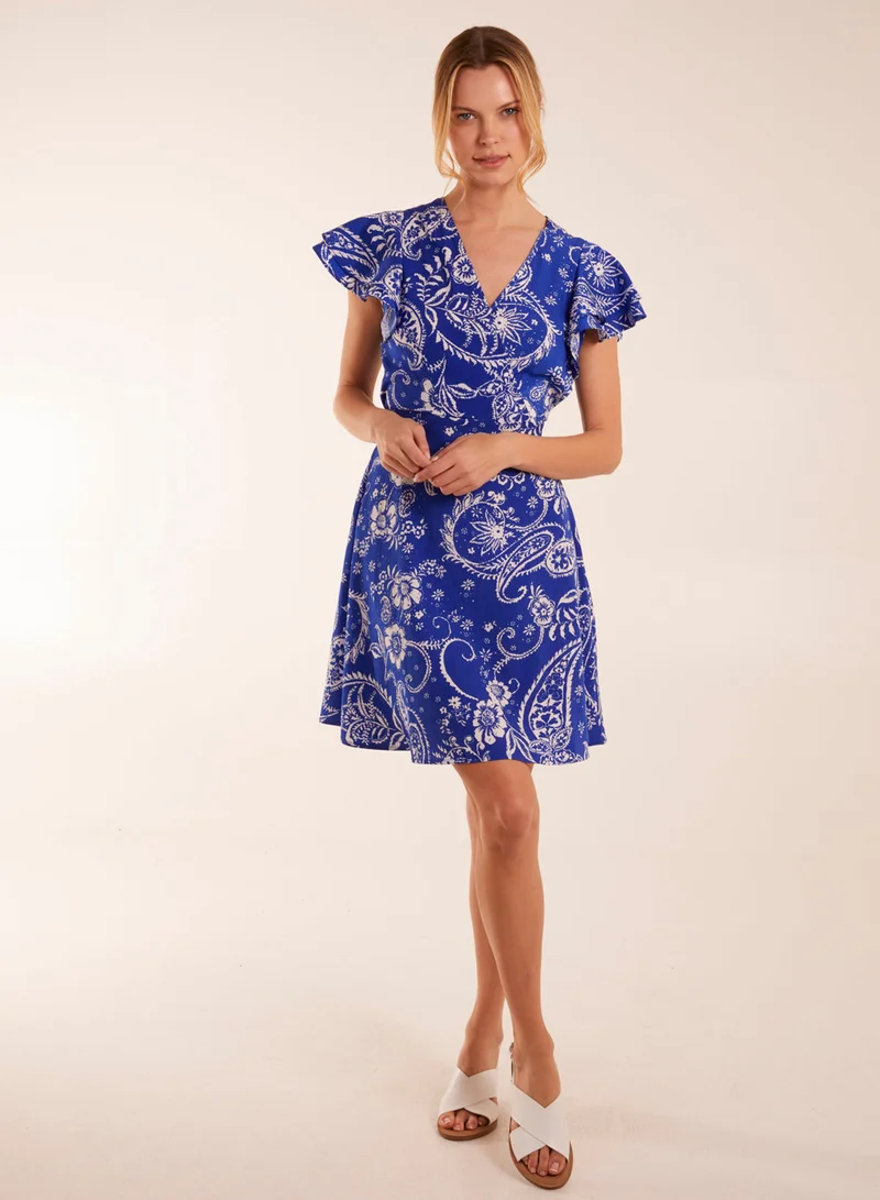Blue Vanilla Frill Sleeve Wrap Belted Mini Dress