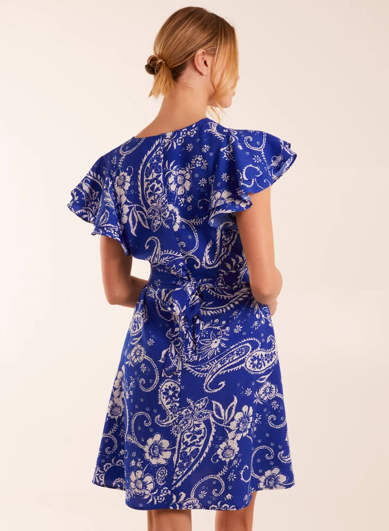 Blue Vanilla Frill Sleeve Wrap Belted Mini Dress