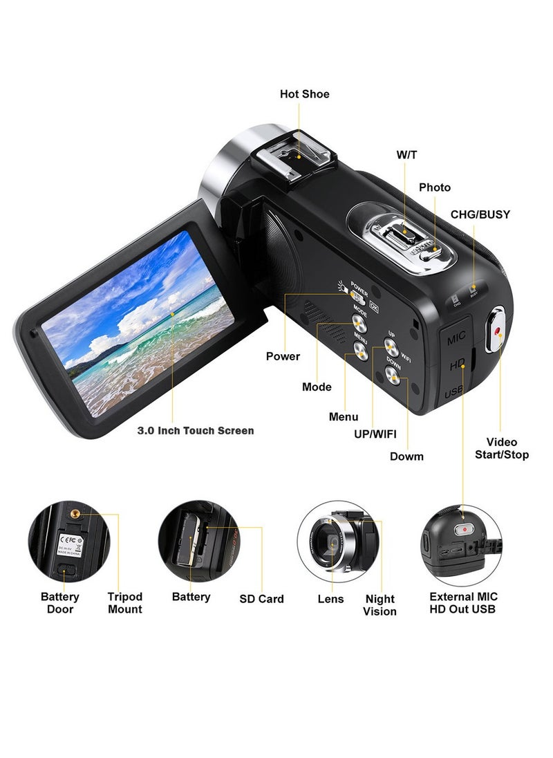 Generic 2.7K 48MP واي فاي كاميرا فيديو رقمية عالية الوضوح كاميرا رقمية مسجل فيديو ميكروفون مثبت يدوي مع بطاريتين 64 جيجابايت بطاقات SD  - Image 4