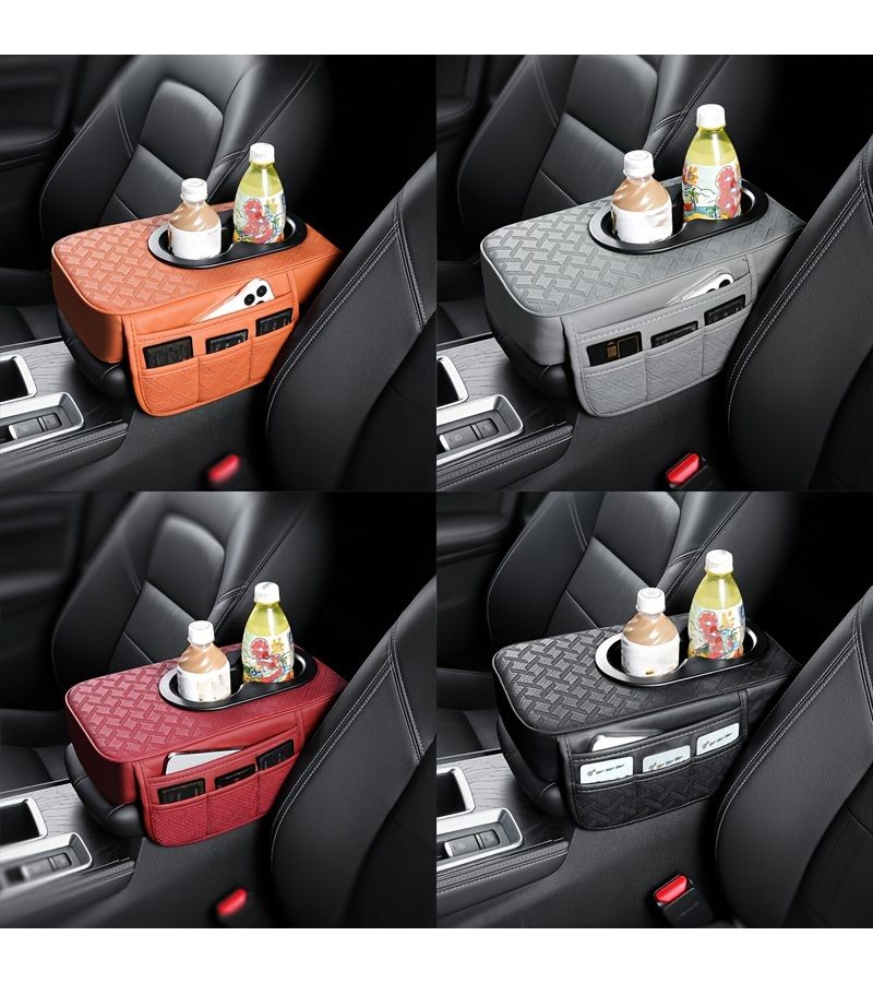 Car Center Console Pad With 2 Side Pockets And 2 Cup Holders Black - Image 1