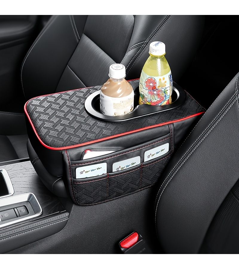 Car Center Console Pad With 2 Side Pockets And 2 Cup Holders Black - Image 3