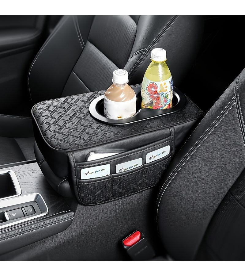 Car Center Console Pad With 2 Side Pockets And 2 Cup Holders Black - Image 2