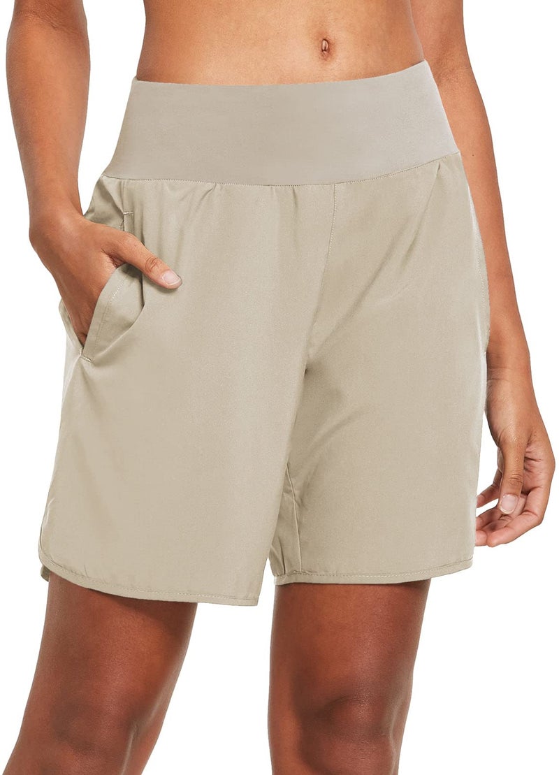 baleaf Womens' 7 Inches Long Running Athletic Shorts Back Zipper Pocketed Gym Shorts with Liner Khaki L - Image 1