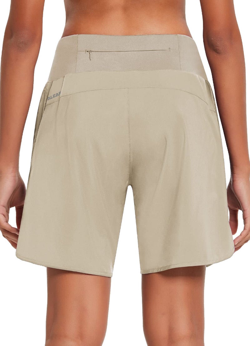 baleaf Womens' 7 Inches Long Running Athletic Shorts Back Zipper Pocketed Gym Shorts with Liner Khaki L - Image 2