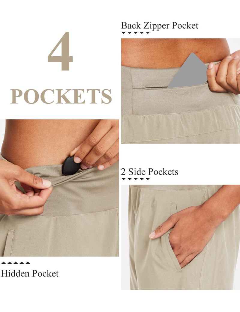 baleaf Womens' 7 Inches Long Running Athletic Shorts Back Zipper Pocketed Gym Shorts with Liner Khaki L - Image 3