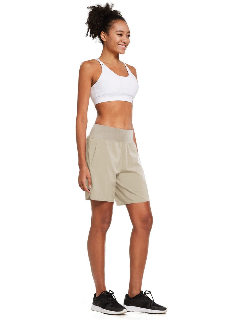baleaf Womens' 7 Inches Long Running Athletic Shorts Back Zipper Pocketed Gym Shorts with Liner Khaki L - Image 5