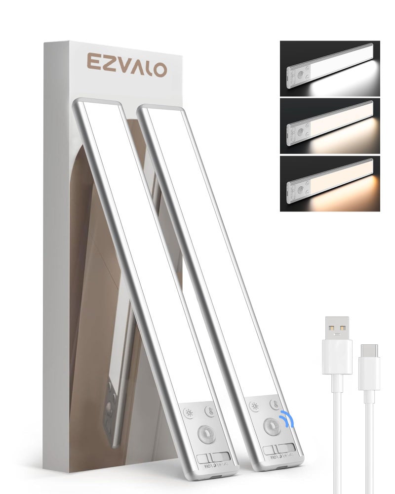 EZVALO 10inch Under Cabinet Lighting, 2500mAh Rechargeable Motion Sensor Lights Indoor with 3 Color Temps, 2 Pack Magnetic Closet Light, 80 LED Dimmable Under Counter Lights for Kitchen, Shelf, Stair - Image 1