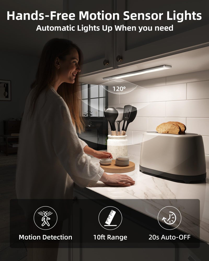 EZVALO 10inch Under Cabinet Lighting, 2500mAh Rechargeable Motion Sensor Lights Indoor with 3 Color Temps, 2 Pack Magnetic Closet Light, 80 LED Dimmable Under Counter Lights for Kitchen, Shelf, Stair - Image 2