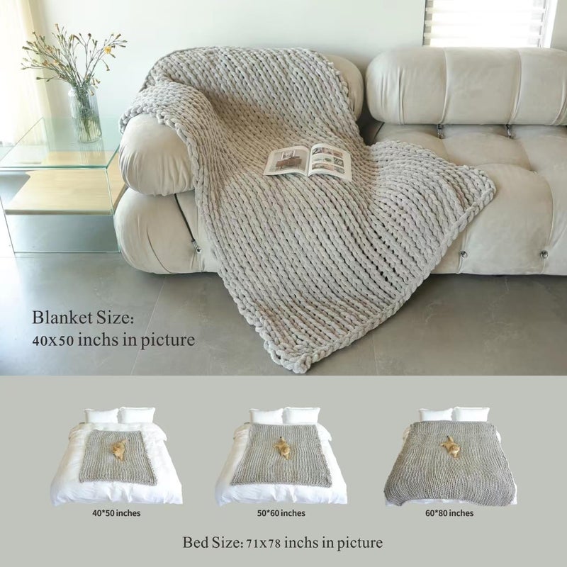 Maetoow Tighter Version Chenille Chunky Knit Blanket Throw (40?50 Inch)  Handmade Warm & Cozy Blanket Couch  Bed  Home Decor  Soft Fleece Banket  Boho Thick Blankets and Giant Yarn Throws Light Grey - Image 5